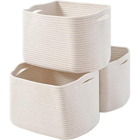 Woven Cotton Rope Storage Baskets for Shelves Nursery Toys Books Towels Set 3 - Picture 1 of 7